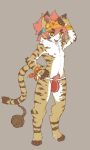  2019 anthro armwear bell bulge clothed clothing digitigrade felid feline felis fur hair hat headgear headwear hi_res humanoid_penis jockstrap kemono kosian looking_at_viewer male mammal navel neck_tuft nipples penis pubes red_hair simple_background smile solo striped_fur stripes tuft underwear white_fur 