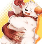  2019 anthro belly blush clothing eyes_closed fur gloves handwear hinami hinami0506 humanoid_hands male mammal overweight overweight_male polar_bear scarf simple_background solo ursid ursine white_fur 