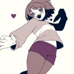  1girl androgynous brown_hair chara_(undertale) commentary_request jewelry knife looking_at_viewer necklace oshiruko_(tsume) pantyhose red_eyes shirt short_hair shorts simple_background solo striped striped_shirt striped_sweater sweater undertale white_background 