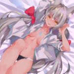  1girl animal_ears bangs bed blunt_bangs breasts cat_ears catalyst_scimitar gloves long_hair looking_at_viewer low_twintails navel niyah niyah_(blade) panties ribbon shirt silver_hair simple_background smile solo sou_(pale_1080) spoilers twintails underwear very_long_hair white_gloves xenoblade_(series) xenoblade_2 yellow_eyes 