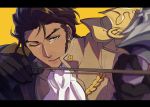  1boy arrow beard bow_(weapon) claude_von_riegan dark_skin earrings facial_hair fire_emblem fire_emblem:_three_houses gloves green_eyes jewelry one_eye_closed open_mouth solo user_hyxw5847 weapon yellow_background 