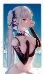  1girl azur_lane bangs bare_shoulders between_breasts bird black_bikini_top black_bow black_nails blunt_bangs blush bottomless bow breasts bridal_gauntlets cleavage closed_mouth collarbone commentary_request crying crying_with_eyes_open detached_collar eyebrows_visible_through_hair fingernails formidable_(azur_lane) frilled_bikini_top frills grey_hair groin hair_bow hand_on_own_chest hand_on_own_face hbb highres large_breasts long_hair looking_at_viewer nail_polish navel ocean red_eyes ribbon seagull seiza sidelocks sitting solo stomach streaming_tears tears twintails two-tone_ribbon very_long_hair water water_drop 