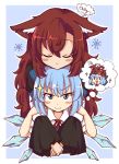  &gt;:) 2girls :d animal_ear_fluff animal_ears bangs blue_background blue_bow blue_eyes blue_hair blush border bow brown_hair cirno closed_eyes commentary disembodied_head eyebrows_visible_through_hair eyelashes hair_between_eyes hair_bow ice ice_wings imaizumi_kagerou long_hair looking_at_viewer multiple_girls mundane_utility open_mouth outline outside_border puffy_short_sleeves puffy_sleeves shirt short_hair short_sleeves simple_background smile snowflakes sparkle thought_bubble tongue tongue_out touhou upper_body v-shaped_eyebrows white_border white_outline white_shirt wings wolf wolf_ears wool_(miwol) x_x yuri |_| 