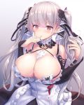  1girl azur_lane bangs bare_shoulders between_breasts black_dress blush breasts cleavage commentary_request dress earrings eyebrows_visible_through_hair finger_to_mouth formidable_(azur_lane) frilled_dress frills gradient gradient_background grey_hair hair_ribbon highres jewelry large_breasts long_hair long_sleeves looking_at_viewer playing_with_own_hair red_eyes ribbon simple_background skindentation solo tougetsu_gou twintails two-tone_dress two-tone_ribbon very_long_hair 