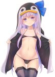  1girl absurdres animal_hood bangs bare_shoulders black_jacket blue_bow blue_eyes blush bow breasts choker closed_mouth collarbone fate/grand_order fate_(series) greaves hair_between_eyes highres hood jacket licking_lips long_hair long_sleeves looking_at_viewer meltryllis meltryllis_(swimsuit_lancer)_(fate) navel open_clothes open_jacket penguin_hood purple_hair sleeves_past_fingers sleeves_past_wrists small_breasts smile solo thighs tongue tongue_out very_long_hair yuu_ms1974 