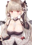  1girl absurdres azur_lane bare_shoulders between_breasts black_bow black_dress bow breasts cleavage collarbone detached_collar dress earrings flight_deck formidable_(azur_lane) frilled_dress frills hair_bow hand_up highres jewelry large_breasts long_hair long_sleeves looking_at_viewer parted_lips red_eyes sanpaku silver_hair simple_background solo tokkyu twintails upper_body very_long_hair white_background 