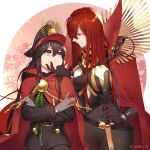  2girls armored_boots black_bodysuit black_scarf bodysuit boots breasts cape cheek_pinching dual_persona family_crest fate/grand_order fate_(series) hair_over_one_eye hat koha-ace large_breasts looking_at_another military_hat multiple_girls oda_nobunaga_(fate) oda_nobunaga_(maou_avenger)_(fate) oda_uri omi_(tyx77pb_r2) peaked_cap pinching red_cape red_eyes red_hair scarf 