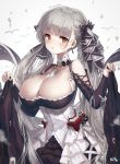 1girl :o absurdres azur_lane bangs between_breasts bird black_dress black_ribbon blunt_bangs breasts character_name cleavage dress droplet earrings eyebrows_visible_through_hair formidable_(azur_lane) grey_hair hair_ribbon highres huge_breasts huge_filesize jewelry kyjsogom long_hair looking_at_viewer red_eyes ribbon signature solo twintails two-tone_dress two-tone_ribbon very_long_hair white_dress white_ribbon 
