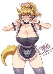  1girl :d armlet ass_visible_through_thighs black_collar black_nails blonde_hair blue_earrings blue_eyes blush bowsette bracelet breasts collar commentary_request covered_nipples cowboy_shot crown dated earrings fingernails hair_between_eyes hands_up horns huge_breasts jewelry looking_at_viewer mario_(series) mizuryuu_kei naked_towel new_super_mario_bros._u_deluxe nose_blush open_mouth pointy_ears pose sharp_teeth shiny shiny_skin signature simple_background skindentation smile solo spiked_armlet spiked_collar spikes super_crown tail teeth thighhighs towel white_background 