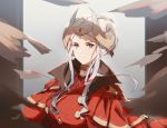  1girl armor blonde_hair blue_eyes blush breasts cape crown edelgard_von_hresvelg fire_emblem fire_emblem:_three_houses gloves hair_ornament horns jewelry long_hair looking_at_viewer pantyhose red_cape simple_background solo yume_ou 