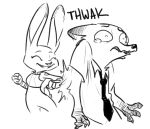  anthro black_and_white canid canine clothed clothing disney duo english_text eyes_closed female fox judy_hopps lagomorph leporid male mammal monochrome necktie nick_wilde nobby_(artist) punch rabbit sketch text zootopia 