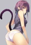  1girl ass breasts brown_eyes brown_hair butt_crack commentary_request from_behind grey_background grey_shirt highres kazumasa looking_back no_pants original panties shirt short_hair simple_background sleeveless sleeveless_shirt small_breasts smile solo tail underwear white_panties 