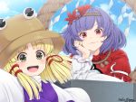  2girls :d bangs blonde_hair blue_sky blush brown_headwear cloud commentary_request day eyebrows_visible_through_hair hair_ornament hair_ribbon hand_up head_rest leaf_hair_ornament long_sleeves looking_at_viewer mirror moriya_suwako mudix2 multiple_girls open_mouth outdoors outstretched_arms puffy_short_sleeves puffy_sleeves purple_hair purple_vest red_eyes red_ribbon red_shirt ribbon rope shide shimenawa shirt short_hair short_sleeves sidelocks sky smile touhou upper_body v-shaped_eyebrows vest white_shirt wide_sleeves yasaka_kanako yellow_eyes 