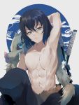  1boy abs armpits black_hair fur gradient_hair green_eyes hashibira_inosuke highres kayanogura kimetsu_no_yaiba looking_at_viewer male_focus multicolored_hair muscle pig_mask shirtless short_hair simple_background sitting solo sword weapon 