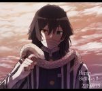  1boy bandages black_hair cloud dated haori happy_birthday heterochromia iguro_obanai japanese_clothes kimetsu_no_yaiba looking_at_viewer male_focus mask ringomaru simple_background snake solo upper_body 