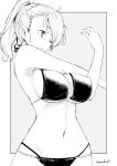  1girl arm_up armpits breasts earrings greyscale jewelry kichihachi large_breasts layered_bikini looking_to_the_side medium_hair monochrome navel one_eye_closed original outside_border parted_lips ponytail simple_background solo standing stomach stretch twitter_username 