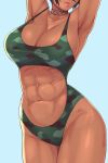  1girl abs alex_(nobodybutalex) armpits arms_up black_hair blue_background breasts camouflage character_request choker cleavage collarbone green_swimsuit head_out_of_frame highres large_breasts legs_together lips lipstick makeup midriff muscle muscular_female navel one-piece_swimsuit original short_hair solo standing stomach_cutout strap_gap swimsuit thighs 