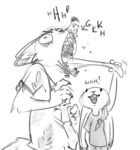  anthro black_and_white canid canine clothed clothing disney duo english_text female fox grabbing humor judy_hopps lagomorph leporid long_ears male mammal monochrome nick_wilde nobby_(artist) open_mouth rabbit sketch teeth text tongue tongue_out zootopia 