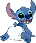  2019 3_toes alien all_fours back_markings big_ears black_eyes blue_fur blue_nose blue_pawpads blush butt chest_tuft colored_sketch diaper disney experiment_(lilo_and_stitch) fur furgonomics head_tuft hi_res kneeling lilo_and_stitch looking_at_viewer looking_back male markings notched_ear open_mouth open_smile pawpads paws simple_background small_tail smile solo stitch_(lilo_and_stitch) teeth tenerius toes tuft white_background 