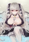  1girl absurdres azur_lane bangs bare_shoulders between_breasts black_dress breasts cleavage commentary_request dress earrings eyebrows_visible_through_hair formidable_(azur_lane) frilled_dress frills grey_hair hair_ribbon highres jewelry large_breasts long_hair long_sleeves looking_at_viewer pantyhose red_eyes ribbon solo torieto twintails two-tone_ribbon very_long_hair white_legwear 