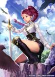  1girl bird boots braid cloud dark_skin facial_mark feathers fire_emblem fire_emblem:_three_houses fire_emblem_cipher garreg_mach_monastery_uniform leaf long_hair nij_24 official_art petra_mcnairy purple_hair red_eyes rock single_braid sky solo sword tree weapon 