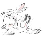  &lt;3 amazon_position anthro balls blush canid canine dialogue disney duo english_text eyes_closed female fox green_eyes happy happy_sex judy_hopps lagomorph leporid long_ears lying male male/female mammal nick_wilde nobby_(artist) on_back penetration penis rabbit scut_tail sex simple_background sketch smile speech_bubble text vaginal vaginal_penetration zootopia 