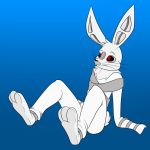  2019 3_toes ambiguous_gender android anthro azzyfox baggy_clothing belt biped black_nose black_sclera blue_background bottomwear clothed clothing dewlap_(anatomy) digital_drawing_(artwork) digital_media_(artwork) eyebrows full-length_portrait fur fur_tuft glowing glowing_eyes head_tuft hi_res lagomorph leporid long_ears long_sleeves machine mammal masked_singer metallic_body pants portrait rabbit rabbit_(masked_singer) reclining red_eyes restricted_palette robot scut_tail short_tail simple_background sitting smile snout soles solo toes tuft whiskers white_fur white_tail wiring 