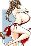 1girl animal_ears apron barefoot breasts brown_hair covered_nipples cow_ears cow_girl cow_horns cow_tail ego_trigger from_side gigantic_breasts highres horns legs looking_at_viewer matsu-sensei mattie_(ego_trigger) naked_apron ponytail red_apron sideboob sideways_mouth solo strap_gap tail 
