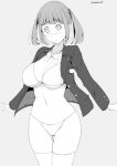  1girl arms_at_sides bikini bikini_under_clothes blush breasts cleavage grey_background greyscale jacket kichihachi large_breasts legs_together long_sleeves monochrome navel neck_ribbon nose_blush open_clothes open_jacket original ribbon short_hair simple_background solo standing stomach swimsuit the_white_wizard thighhighs twitter_username unbuttoned 