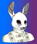  2019 aliasing ambiguous_gender android anthro belt black_nose black_sclera blue_background bust_portrait clothed clothing digital_drawing_(artwork) digital_media_(artwork) fur glowing glowing_eyes gradient_background hi_res kalehdo lagomorph leporid machine mammal masked_singer mixed_media portrait purple_background rabbit rabbit_(masked_singer) red_eyes robot simple_background smile snout solo topwear whiskers white_clothing white_fur white_topwear wiring 