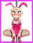  1girl animal_ears blonde_hair blush bow bowtie breasts breasts_apart bunny_ears bunny_girl bunnysuit cameltoe chiden cleavage covered_navel embarrassed eyebrows_visible_through_hair fake_animal_ears fishnet_legwear fishnets hands_on_thighs high_heels highres ichii_yui large_breasts looking_at_viewer pink_neckwear shiny shiny_clothes short_hair simple_background solo spread_legs squatting sweat two-tone_background yellow_eyes yuyushiki 
