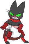  2019 anthro black_fur blush cape clothing diaper domestic_cat felid feline felis fur gloves green_eyes hand_on_diaper handwear hi_res male mammal mao_mao mao_mao_heroes_of_pure_heart open_mouth simple_background solo standing teeth tenerius white_background 