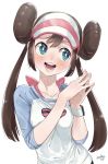  1girl absurdres aqua_eyes artist_name back_bow bangs blush bow breasts brown_hair collarbone commentary_request double_bun hair_tie hands_together hands_up happy highres long_hair looking_to_the_side mei_(pokemon) open_mouth pink_bow pink_headwear poke_ball_symbol poke_ball_theme pokemon pokemon_(game) pokemon_bw raglan_sleeves raised_eyebrow shiny shiny_hair shirt signature simple_background small_breasts smile solo standing sweat taiga_(ryukyu-6102-8) teeth tied_hair twintails upper_body visor_cap white_background white_shirt 