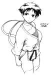  1girl breasts choker cleavage clenched_hand collarbone dated dougi looking_to_the_side makoto_(street_fighter) medium_breasts monochrome ribbon_choker short_hair signature solo sports_bra street_fighter street_fighter_iii_(series) tomboy tsukudani_(coke-buta) very_short_hair 