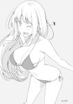  1girl ;d arms_at_sides blush breasts cleavage collarbone grey_background greyscale halter_top halterneck kichihachi large_breasts legs_apart long_hair looking_at_viewer monochrome navel one_eye_closed open_mouth original simple_background smile solo standing stomach twitter_username 