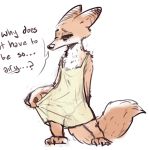  absurd_res anthro bulge canid canine clothed clothing crossdressing dialogue disney dress english_text fox hi_res male mammal nick_wilde nobby_(artist) solo text translucent translucent_clothing zootopia 