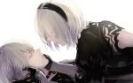  1boy 1girl black_choker black_gloves choker closed_eyes daenarys gloves hairband holding_another&#039;s_head mole mole_under_mouth nier_(series) nier_automata parted_lips pink_lips short_hair simple_background white_background white_hair yorha_no._2_type_b yorha_no._9_type_s 