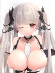  1girl areola_slip areolae arm_behind_back azur_lane bangs bare_shoulders black_ribbon blush breasts eyebrows_visible_through_hair eyelashes flight_deck formidable_(azur_lane) hair_ribbon hand_up highres light_smile long_hair looking_at_viewer one_eye_closed pulled_by_self red_eyes ribbon shiny shiny_hair shiny_skin silver_hair simple_background solo tentotu twintails two-tone_ribbon upper_body white_background white_ribbon 