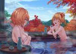  2girls :d ^_^ aki_minoriko aki_shizuha alternate_hairstyle autumn_leaves bangs blonde_hair blue_sky blush breasts bucket choko_(cup) closed_eyes cloud commentary_request convenient_arm cup day eyebrows_visible_through_hair flat_chest from_side hair_between_eyes hair_ornament hand_up head_tilt holding holding_cup holding_towel leaf_hair_ornament looking_at_another medium_breasts mountain multiple_girls nude onsen open_mouth outdoors partially_submerged ponytail profile red_eyes rock roke_(taikodon) short_hair siblings sisters sky smile steam tokkuri touhou towel tree upper_body water wooden_bucket 