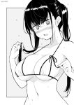  1girl @_@ bangs bikini blush breasts cleavage collarbone embarrassed eyebrows_visible_through_hair greyscale hand_in_hair kichihachi large_breasts long_hair looking_down micro_bikini mole mole_on_breast mole_under_eye monochrome navel nose_blush original outside_border ribbon simple_background solo stomach sweat swimsuit twintails twitter_username upper_body 
