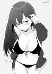  1girl adjusting_hair arm_up bikini bikini_under_clothes blush breasts closed_mouth collarbone grey_background greyscale hair_between_eyes hair_tucking jacket jewelry kichihachi large_breasts long_hair monochrome navel open_clothes open_jacket original ring simple_background solo stomach straight_hair sweat swimsuit twitter_username 