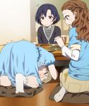  3girls ass black_hair black_jacket blue_dress blue_shirt blush bobby_socks braid brown_eyes brown_hair brown_pants center_frills character_request chopsticks closed_eyes closed_mouth cup dress drinking_glass flying_sweatdrops frills grey_shirt idolmaster idolmaster_cinderella_girls indoors jacket long_hair mattaku_mousuke morikubo_nono multiple_girls no_shoes open_mouth pants profile puffy_short_sleeves puffy_sleeves seiza seki_hiromi shirt short_sleeves sitting socks soles sweat table trembling white_legwear wooden_floor 