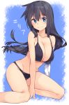  1girl adyisu area_aquamarine bangs bare_arms bare_shoulders between_legs bikini black_bikini black_hair blue_eyes blush breasts closed_mouth collarbone commentary_request eyebrows_visible_through_hair floating_hair groin hair_between_eyes hand_between_legs large_breasts long_hair looking_at_viewer mechanical_arm original prosthesis prosthetic_arm sidelocks smile solo swimsuit twitter_username very_long_hair 