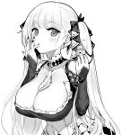  1girl azur_lane between_breasts blush breasts cleavage cupcake detached_sleeves dress earrings finger_licking food formidable_(azur_lane) greyscale hair_ribbon hori_(hori_no_su) jewelry large_breasts licking long_hair looking_at_viewer monochrome ribbon solo twintails 