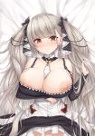  1girl areolae azur_lane bangs bare_shoulders between_breasts black_dress blush breasts cleavage dress earrings eyebrows_visible_through_hair formidable_(azur_lane) fou_zi frilled_dress frills grey_hair hair_ribbon highres holding holding_hair jewelry large_breasts long_hair long_sleeves looking_at_viewer lying nipple_slip nipples on_back red_eyes ribbon skindentation solo twintails two-tone_dress very_long_hair 