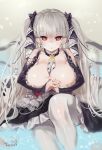  1girl absurdres azur_lane bangs bare_shoulders between_breasts black_dress breasts cleavage commentary_request dress earrings eyebrows_visible_through_hair formidable_(azur_lane) frilled_dress frills grey_hair hair_ribbon highres interlocked_fingers jewelry knee_up large_breasts long_hair long_sleeves looking_at_viewer pantyhose parted_lips red_eyes revision ribbon sitting solo torieto twintails two-tone_ribbon very_long_hair white_legwear 