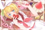  1girl apron bangs black_collar blonde_hair blue_eyes blush bow collar commentary covering_mouth cream dutch_angle eggplant food food_coloring fork frilled_apron frills fruit hair_bow hair_ornament hairclip heart highres holding_heart holding_whisk kagamine_rin looking_at_viewer lying on_back sailor_collar short_hair short_sleeves solo speech_bubble spoken_heart spoon strawberry swept_bangs tatibanamarin upper_body valentine vocaloid whisk white_bow 