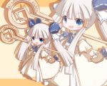  1girl :d bangs beige_background blue_bow blue_eyes blush bow brown_background chibi copyright_request eyebrows_visible_through_hair hair_between_eyes hair_bow holding holding_staff long_hair long_sleeves looking_at_viewer mori_no_kaeru open_mouth pinching_sleeves robe sidelocks silver_hair sleeves_past_wrists smile solo staff standing twintails two-tone_background very_long_hair white_robe wide_sleeves zoom_layer 