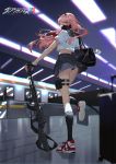  1girl absurdres assault_rifle black_panties darling_in_the_franxx full_body gas_mask ground_vehicle gun highres holding holding_gun holding_weapon long_hair looking_back mechanical_arm panties pantyshot pantyshot_(standing) pink_hair plaid plaid_skirt red_eyes red_horns rifle robot_joints sailor_collar school_uniform shoes skirt sneakers socks solo standing standing_on_one_leg subway subway_station train underwear weapon zero_two_(darling_in_the_franxx) zhongfeng_lee 