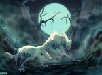  2019 ambiguous_gender canid canine claws detailed_background digital_media_(artwork) feral fog fur hi_res hybrid looking_at_viewer mammal moon night outside ravoilie signature sky solo standing star starry_sky white_fur 